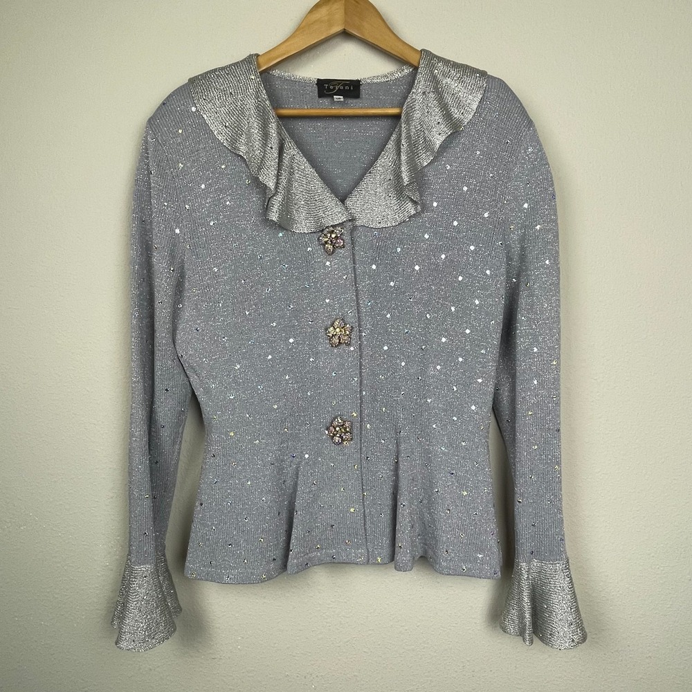 Terani Silver Top 14 Rhinestone Floral‎ Bell Sleeve Ruffle Collar Vintage